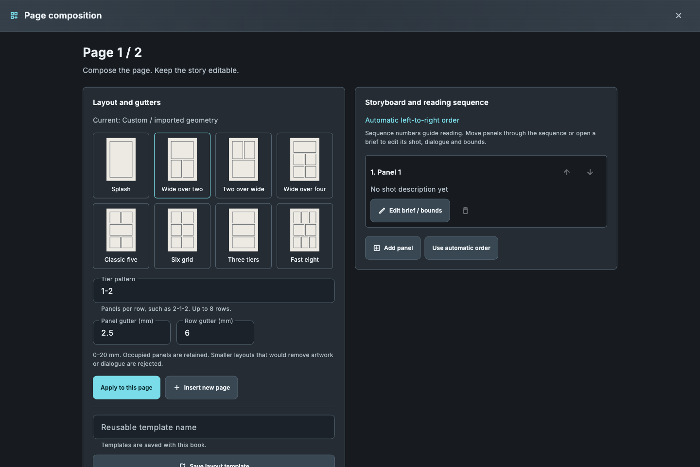 Page composition · editable panels and reading order